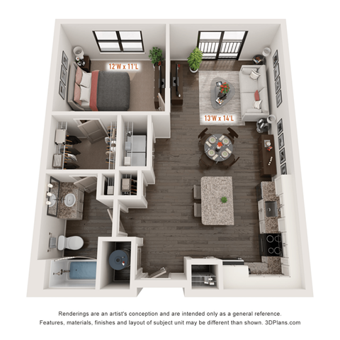 Floor plan for 1 bed, 1 bath, 730 sqft